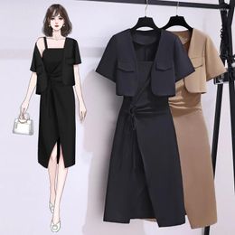 Work Dresses Large Size Women's Summer 2023 Slim Temperament Professional Suit Jacket Stitching Split Suspender Skirt Two-piece