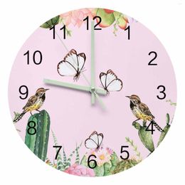 Wall Clocks Butterfly Bird Cactus Flower Spring Luminous Pointer Clock Home Ornaments Round Silent Living Room Office Decor