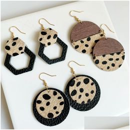 Dangle Chandelier Splicing Wood Genuine Leather Earrings For Women Horse Hair Leopard Cow Color Round Pendant Fashion Jewelry Drop Dhfwv