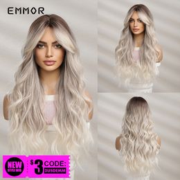 Synthetic Long Wavy Wigs with Bangs for Women Cosplay Natural Ombre Black to Light Blonde Hair Wig High Temperature Fiberfactor