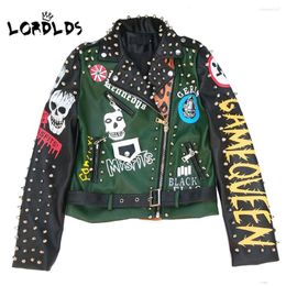 Women's Jackets LORDLDS Women Green Leather Jacket With Skull 2023 Autumn Fashion Punk Style Biker Motorcyle And Coats Streetwear