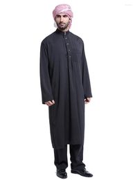 Ethnic Clothing S-3XL Middle East Muslim Fashion Men Loose Solid Color Long Sleeves Stand Collar Button Robes Jubba Thobes With Pocket