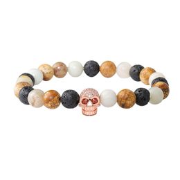 Beaded Trendy Black Lava Stone Bead Bracelets Pave Cz Skl Charm Bracelet For Men Women Yoga Jewelry Gift Drop Delivery Dhbf0