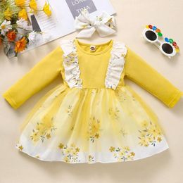 Girl Dresses Toddler Floral Print Dress Long Sleeve Ruffle Baby Girls Infant Princess Party Tulle Headwear Elegant Vestidos