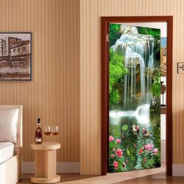 Wallpapers Chinese Style 3D Waterfalls Lotus Carp Po Wall Door Sticker Murals Wallpaper Living Room Bedroom Study PVC Waterproof