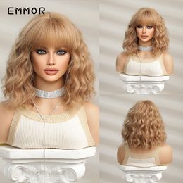 Synthetic Light Brown Bob Wigs with Bangs for Women Curly Wavy Wig Party Daily Cosplay Use Heat Resistant Fibre Hair Wigsfactor