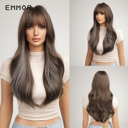 Ombre Highlight Brown Blue Wig Synthetic Long Wavy Wigs with Bangs for Women Party Cosplay Natural High Temperature Fiberfactor