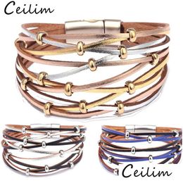 Chain Handmade Gold Sier Beads Leather Bracelets For Women Men Fashion Mtiple Layers Charm Wrap Bracelet Bangle Wholesale Jewellery Gi Dhl48