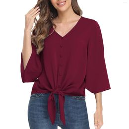 Women's Blouses Plus Size Chiffon Blouse Shirts Women's Button V Neck Three Quarter Sleeve Flared Bow Tie Shirt Loose Summer Top