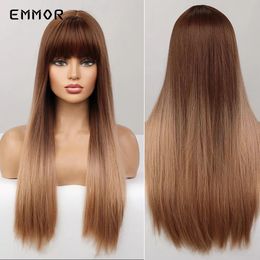 Ombre Brown Blonde Wig for Women Natural Long Body Straight Wigs with Bangs Fibre Daily Cosplay Heat Resistant Hair Wigfactory