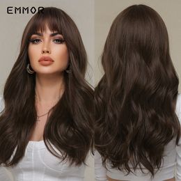 Synthetic Long Brown Wigs Natural Blond Wavy Hair Wig for Women Cosplay Orange-brown Daily Wigs with Bangsfactory direct