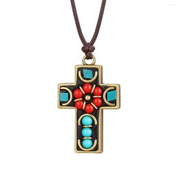 Pendant Necklaces Copper Cross Religious Inlay Nepal Beads Leather Chain Necklace Antique Lucky Jewellery For Women Men