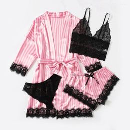 Women's Tracksuits Woman Sleepwear 4pcs Floral Lace Trim Satin Pyjamas Set With Robe Sexy Faux Silk Pijamas Sets Casual Home Clothes
