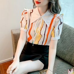 Women's Blouses Clothing Formal Office Outfits Top For Woman Striped Women's Shirts And Short Sleeve Wear To Work Printed With Bow M Y2k