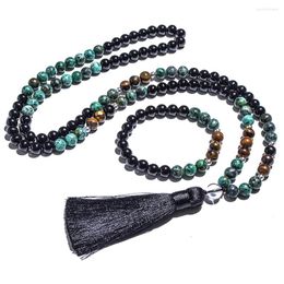 Pendant Necklaces 8mm Black Onyx Tiger Eye African Turquoise Necklace Bracelet 108 Mala Prayer Beads Meditation Yoga Japamala Jewellery Set