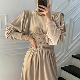 Casual Dresses Autumn Chic Turtleneck Lantern Sleeve Women's Dress Fashion High Waist Golden Velvet Female Office Lady Clothes