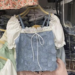 Women's Blouses Korean Denim Patchwork Square Collar Blusas De Mujer Ladies Suspenders Lace-up Blouse Summer For Women 2023 Drop