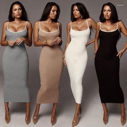 Casual Dresses Sexy Bodycon Dress For Women 2023 Summer Strap Backless Midi Long Ribbed High Waist Elegant Fashion Soild Party Clothes
