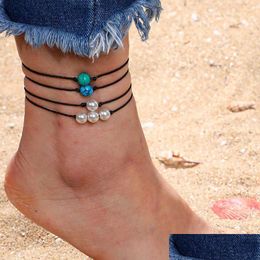 Anklets Minimalist Turquoise Pearl Bead Wax Bracelet For Women Stone Charm Pendant Bracelets Boho Jewelry 4Pcs/Set Drop Delivery Dhf7K