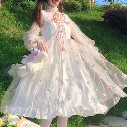 Casual Dresses Japanese Lolita Style Spring Autumn Women Dress Mori Girl Floral Embroidery Princess Cute Kawaii Tulle Ruffles Party