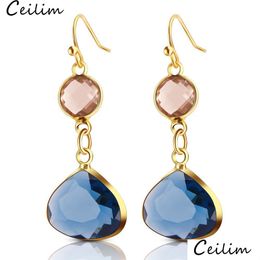 Dangle Chandelier Womens Fashion Crystal Earrings Rhinestone Blue/Pink Glass Black Copper Sweet Metal Ear For Girl Gift Wholesale Dhj7K