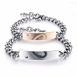 Charm Bracelets Stainless Steel Couples Crystal Heart Puzzle Bracelet Set With Link Chain