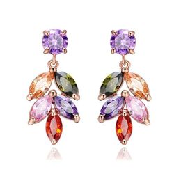 Charm Colorf Zircon Leaf Earrings Rose Gold Color Flower Shape Water Drop Pendant For Women Bridal Wedding Jewelry Delivery Dhh1B