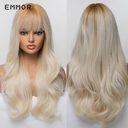 Synthetic Ombre Ginger to Light Blonde Hair Wig with Bangs Natural Wavy Wig for Women Cosplay Heat Resistant Fibre Wigsfactory
