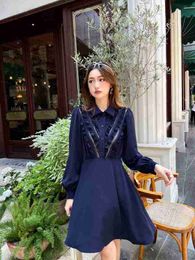 Basic & Casual Dresses Designer High end Early Autumn Elegant Black Fungus Lace Spliced Navy Blue Dress 5GPH