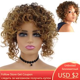 Short Culry Hair Synthetic Wigs with Bangs High Temperature Fibre Wig for Woman Mix Brown Colly Fashion Wig Female Cutefactory