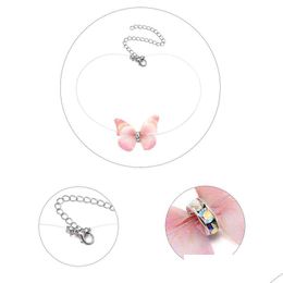 Pendant Necklaces Fashion Crystal Colorf 3D Butterfly Chokers Necklace Invisible Fish Line Silk For Elegant Women Gift Wholesale Jew Dhvkx