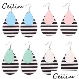 Charm Fashion Women Colorf Pu Leather Earrings Black And White Stripes Waterdrop Double Layer Drop Earring Designer Jewelry Christma Dhtwl