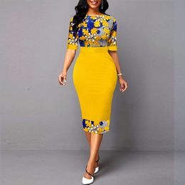 Summer Dress Yellow Elegant Floral Print Party Dress for Woman O-Neck Half Sleeve Slim Office Work Vestidos Sexy Bodycon