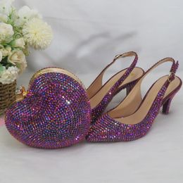 Dress Shoes 2023 Arrival Heart Rose Purple Bling Pointed Toe Wedding And Bag Woman High Pumps Thin Heel Party Slingbacks