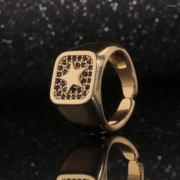 Cluster Rings Simple Square Wide Ring Five-pointed Star Inlaid Zircon Engagement Wedding Jewelry Gift