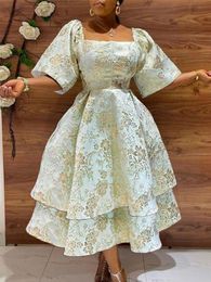 Women Vintage Embroidery Dress Half Sleeve Square Neck Layered Puffy Dresses Celebrity Party Prom Birthday Homecoming