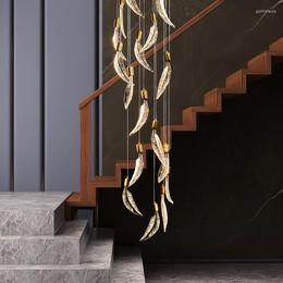 Chandeliers Nordic Acrylic Feather Dimmable Led Chandelier Gold Aluminium Round Hanging Lamp Modern Stairs Lighting Fixture Pendant