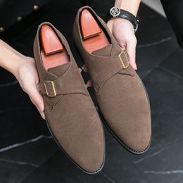 Monk Shoes Men Faux Suede Buckle Low Heel Pointed Business Dress Shoes Slip-on Casual Wear-resistant Shoes