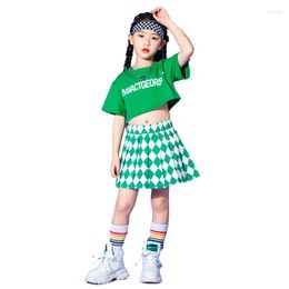 Stage Wear Kids Kpop Hip Hop Show Dancing Clothing Green Tshirt Tops Tee Streetwear Chequered Shorts For Girls Boys Jazz Dance Costumes