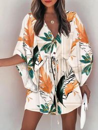 Summer dress beach cover dresses casual swimwear drawstring tie-up loose dress fashion Print batwing sleeve beach swim cover up sexy button V neck