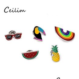 Pins Brooches Cartoon Diy Collar Brooch Set Rainbow Watermelon Pineapple Crow Eyesweyes Enamel Lapel Pins Badge For Women Fashion J Dhcxg