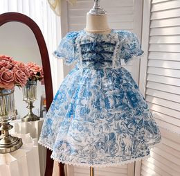 Girl's Dresses Retail Baby Girls Summer Lolita Blue Printed Dress Princess Kids Swee Party Dress Holiday 2-7 T 230609