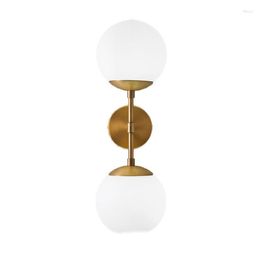 Wall Lamp Nordic Dual Heads Milky White Frosted Glass Ball Shade E27 LED Bedroom Bedside Wrought Iron Golden Plated