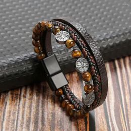Charm Bracelets Classics Buckle Leather For Men Multichamber Hand-Woven Punk Fashion Yellow Tiger Stone Jewellery Gifts
