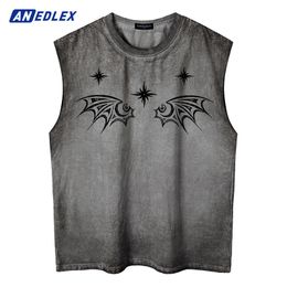 Men's Tank Tops Hip Hop Streetwear Letter Wing Graphic Print Ripped Vest Men Summer Sleeveless Cotton Vintage Vest Gothic Washed Tank Tops 230609