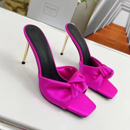 Butterfly tie decoration Stiletto slippers Women's real silk open toes slip-on slides leather outsole heeled mules luxury designer sandals factory footwear with box