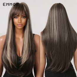 Synthetic Natural Ombre Brown to Silver Water Wavy Wigs with Bangs Wave Hair Wig for Women Heat Resistant Fiber Hair Wigfacto