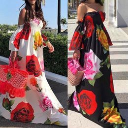 Hot Sales!! Holiday Boho Women Off Shoulder Backless Flare Sleeve Floral Print Maxi Dress Beach Bohemia Female Vestidos