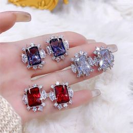Stud Earrings Fashion Fairy Simple Style Square Purple/White/Red Cubic Zirconia Women's Wedding Engagement Ball Jewelry Gift