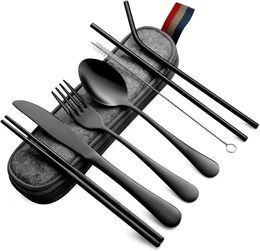 Dinnerware Sets Portable Utensils Travel Camping Cutlery Set 8Piece including Knife Fork Spoon Chopsticks Cleaning Brush Straws Case 230609